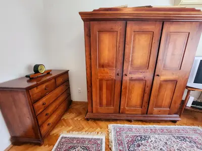 a wooden cabinet and a dresser in a room with two rugs at Erste City Apartment in Sajmište