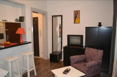 a living room with a chair and a television at BelgradeCity center-Lekic apart 1 in Belgrade