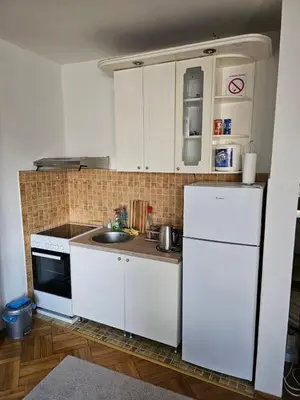 a kitchen with a white refrigerator and a sink at Modern apartment - quiet street in Belgrade