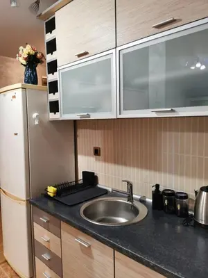a kitchen with a sink and a refrigerator at Studio Lena in Belgrade