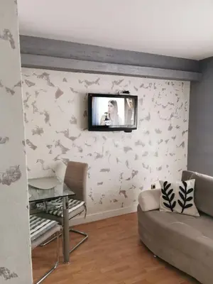 a living room with a couch and a tv on a wall at Studio Lena in Belgrade