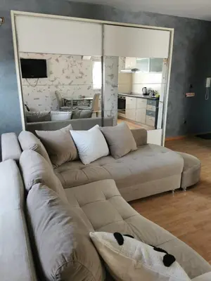 a living room with a couch and a large mirror at Studio Lena in Belgrade