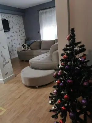 a christmas tree in a living room with a couch at Studio Lena in Belgrade