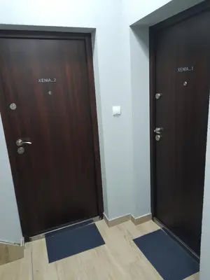 two brown doors in a room with blue mats at XENIA1 in Belgrade