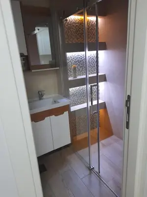 a bathroom with a sink and a shower with a mirror at XENIA1 in Belgrade