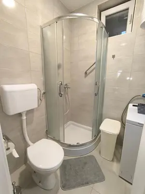 a bathroom with a shower with a toilet and a sink at Zoka in Surčin