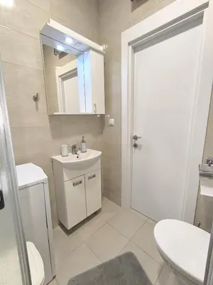 a bathroom with a sink and a mirror and a toilet at Zoka in Surčin