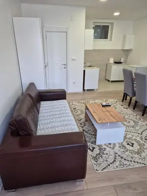 a living room with a brown leather couch and a table at Zoka in Surčin