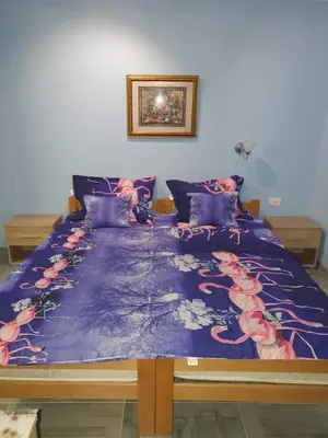 a bed with a blue comforter with flowers on it at Lux apartment A5 at nice location in Pancevo in Pančevo