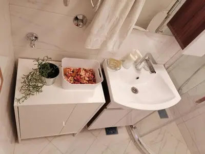a bathroom with a sink and a bowl of food at Tsar Dušan Apartment in Belgrade