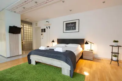 a bedroom with a large bed and a green rug at ZIGZAG Belgrade in Belgrade