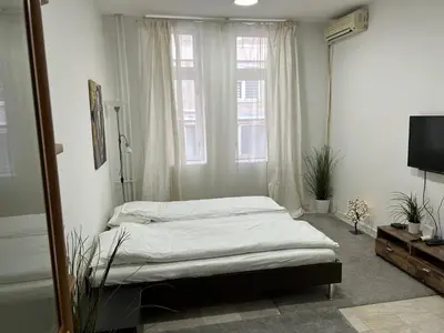a bedroom with two beds in front of a window at Nikolas 2 in Belgrade