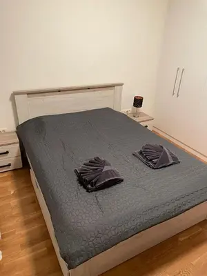 a bedroom with a bed with two pillows on it at Belgrade Waterfront Victory Gardens in Sajmište