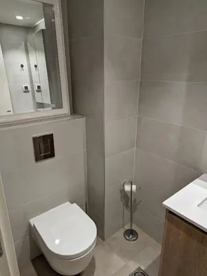 a bathroom with a toilet and a sink and a mirror at Belgrade Waterfront Victory Gardens in Sajmište