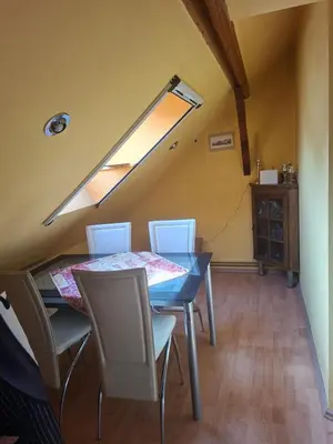 a dining room with a table and chairs and a skylight at Fly in Dobanovci