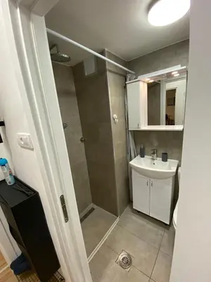 a bathroom with a shower and a sink at Urban Oasis Apartment in Sajmište