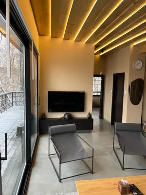 a living room with two chairs and a flat screen tv at Chado Belgrade in Belgrade