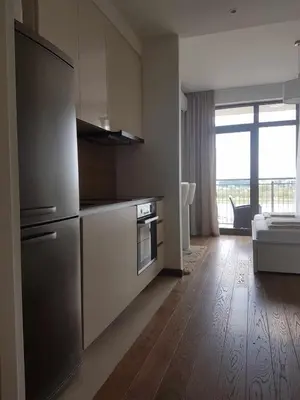 a kitchen with stainless steel appliances and a living room at All in One Belgrade Waterfront in Sajmište
