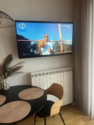 a tv hanging on a wall in a living room at IVA HOME Apartment in Belgrade