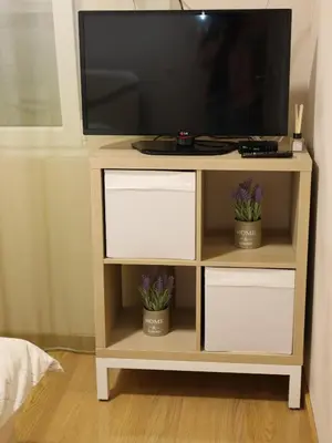 a tv stand with white drawers and a television at Apartman Natali in Karaburma