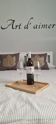 a tray with a bottle and two glasses on a bed at Art d'aimer in Sajmište