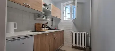 a small kitchen with wooden cabinets and a window at Art d'aimer in Sajmište