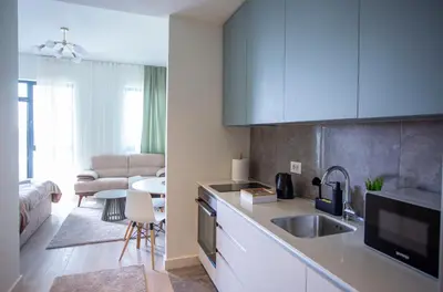 a kitchen with a sink and a living room at inJoy in Sajmište
