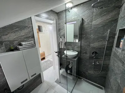 a bathroom with a sink and a glass shower at Airport vicinity Apartment Star 1 in Belgrade