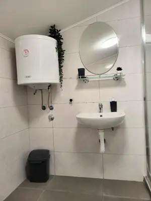 a bathroom with a sink and a mirror on the wall at Guesthouse Ožegović in Belgrade