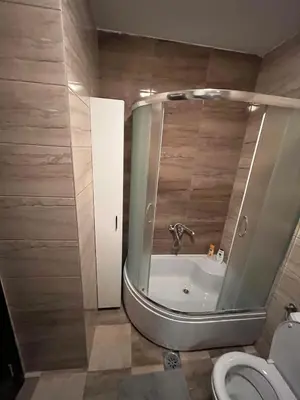 a bathroom with a shower and a sink and a toilet at Una_2 in Čukarica