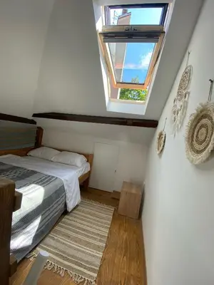 a bedroom with a bed with a window and a rug at ŠTAB 2 City Centre (free parking) Dorcol in Belgrade