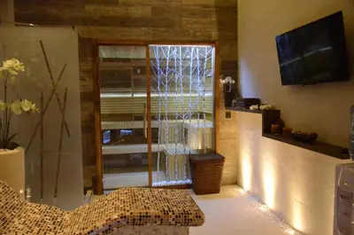 a living room with a glass door and a television at Atera Business Suites in Belgrade
