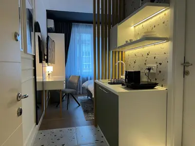 a kitchen with a sink and a desk in a room at RED RIDING HOOD in Belgrade