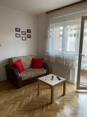 a living room with a couch and a coffee table at Apartman Ljubica in Arandjelovac