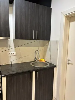 a kitchen with a sink and wooden cabinets at Ivet Apartmets in Ledine