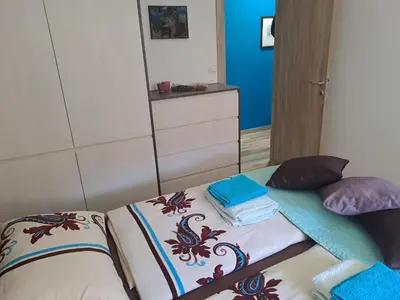 a bedroom with two beds and a mirror at Apartman Ana in Kumodraž