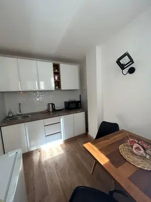 a small kitchen with a wooden table and a dining room at Kosancic No.1 in Belgrade