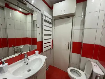 a bathroom with a white sink and a toilet at Vintage Delight Apartment Vracar Hram Sv Save in Belgrade