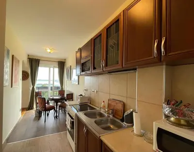 a kitchen with a sink and a counter top at Vintage Delight Apartment Vracar Hram Sv Save in Belgrade
