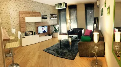 a living room with a couch and a television at Vip apartment Beograd in Belgrade