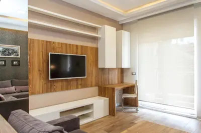 a living room with a tv on a wall at Apartment Barcelona in Belgrade