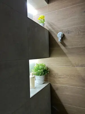 a bathroom with two potted plants on a wall at Apartment Fiore in Smederevo