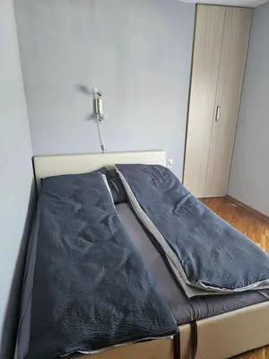 a bed with two blankets on it in a room at Apartman Cvijetinovic in Ruma