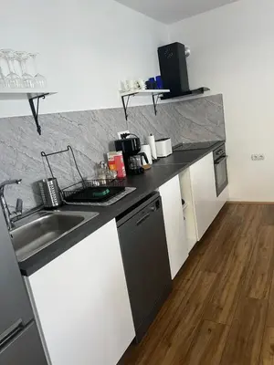 a kitchen with a sink and a counter top at Deluxe apartment Magnolia 2 in Belgrade