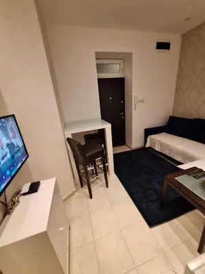 a small living room with a couch and a desk at City Apartments Ana in Belgrade