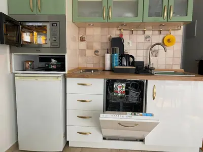 a kitchen with green cabinets and a dishwasher at LUX Apartment in Belgrade, Centre in Belgrade