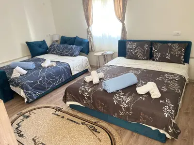 a bedroom with two beds and a couch at Apartman Krejović in Arandjelovac
