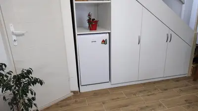a white kitchen with white cabinets and a plant at Apartman Krejović in Arandjelovac
