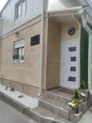 a house with a white door and stairs at Apartman Krejović in Arandjelovac