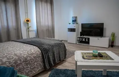 a bedroom with a bed and a flat screen tv at Tea Apartman Obrenovac in Obrenovac